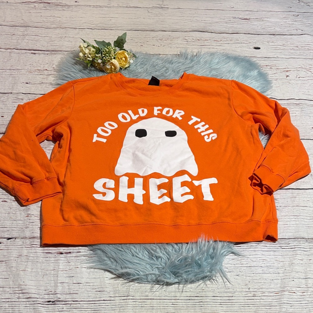 ADTN Too Old For This Sheet Ghost Halloween Orange Sweatshirt sz XXL